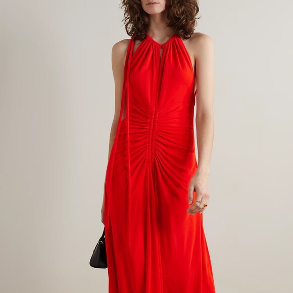 Proenza Schouler Ruched Jersey Crepe Halterneck Maxi Dress, Size 8 in Tomato Red - Picture 1 of 6